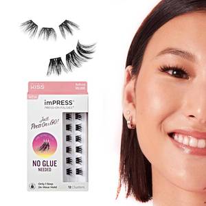 lot 39457 image: Kiss Impress Falsies Press On Self Adhesive Eyelashes, 12mm-14mm Glam Volume Press On Lashes, Black, No Glue Needed, Invisible Band, 12 Lash Clusters - Elegant - Retail $5