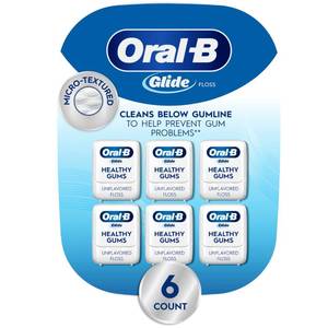 lot 39494 image: Oral-B Glide Healthy gums, unflavored floss 50M (Pack of 6) - Retail $20