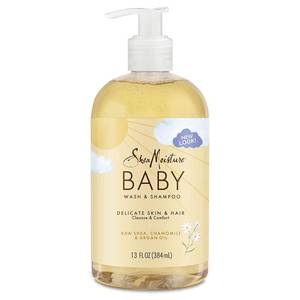 lot 39520 image: SheaMoisture Baby Wash & Shampoo for All Skin Types Raw Shea, Chamomile & Argan Oil Baby Wash and Shampoo with Frankincense & Myrrh to Help Cleanse 13 oz, Gold, Packaging may vary - Retail $8