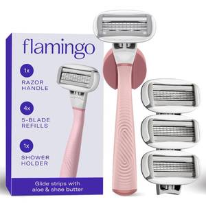 lot 39543 image: Flamingo Shaving Razor Set for Women - Original Razor Handle, 4 Refills - Retail $18