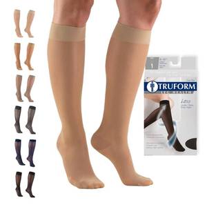 lot 39555 image: Truform Sheer Compression Stockings, 8-15 mmHg, Womens Knee High Length, 20 Denier, Light Beige, X-Large - Retail $15
