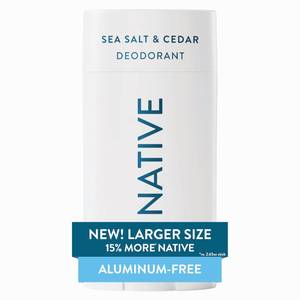 lot 39569 image: Native Aluminum Free Deodorant, Sea Salt & Cedar, Large Size Stick, 72 Hour Odor Control, for Women & Men, Contains Naturally Derived Ingredients, 3.1 oz - Retail $15