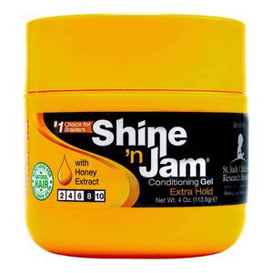 lot 39578 image: Ampro Shine-n-Jam Maximum Hold - Infused with Honey Extract to Strengthen Hair - Great for Taming Fringe, Ponytails, Soft Weaves, and Braids - Keeps Tresses Firm with Non-Greasy Shine - 4 oz - Retail $4