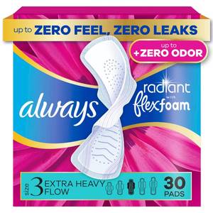 lot 39603 image: Always Radiant Feminine Pads for Women, Flexfoam Pads with Wings, Size 3, Extra Heavy Absorbency, Lightly Scented, 30 Count - Retail $13