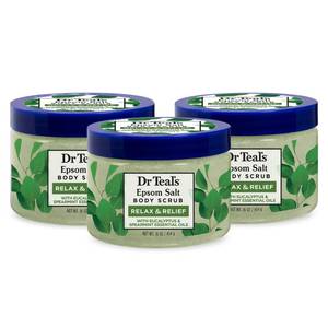 lot 39605 image: Dr Teals Pure Epsom Salt Body Scrub, Relax & Relief with Eucalyptus & Spearmint Essential Oils, 16 oz (Pack of 3) - Retail $19