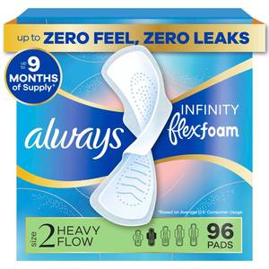 lot 39625 image: Always Infinity Feminine Pads for Women, Flexfoam Pads with Wings, Size 2, Heavy Absorbency, Unscented, 96 Count (3 Packs of 32) - Retail $25