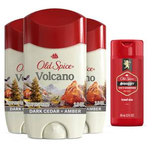 lot 39657 image: Old Spice Mens Antiperspirant & Deodorant Volcano with Charcoal, 2.6oz (Pack of 2) with Travel-Size Swagger Body Wash - Retail $25