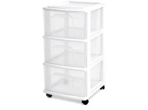 lot 39685 image: HOMZ Drawer Tower, 3-Tier Storage Cart with Removable Wheels, White Frame - Retail $37