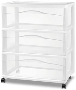 lot 39688 image: Sterilite 559544 3 Drawer Wide Cart, NEEDS A WIPE DOWN. - Retail $48