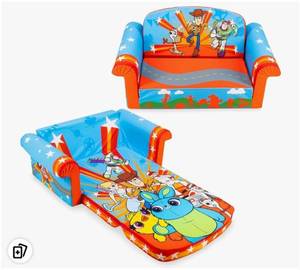 lot 39695 image: Marshmallow Furniture 2-in-1 Flip Open Foam Couch Bed Sleeper Sofa Kids Furniture for Ages 18 Months and Up, Toy Story, Backrest Appears to be Bent. - Retail $70