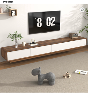lot 184 image: Blotout 94.5Minimalist Floating TV Stand, Modern Wall-Mounted Media Console with 4 Drawers for Wall-mounted TV Up to 110, Walnut & White - Retail $260