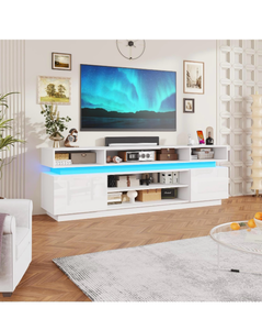 lot 185 image: chartustriable LED TV Stand for 95 Inch TV, Modern Tall Entertainment Center with Power Outlets, High Gloss TV Stand, Gaming TV Media Console for Living Room, 83 Inch, White - Retail $209