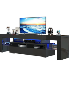 lot 186 image: 70IN LED TV Stand for 657585 inch TV, High Glossy Modern Entertainment Center with Drawer and Led Lights, Television Table Media Console for Living Game Room Bedroom(Black) - Retail $250