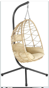 lot 188 image: Cream Hanging Egg Chair with Frame Wicker Swing System Indoor Outdoor with Head Cushion and Seat Cushion for Patio Swing - Retail $150