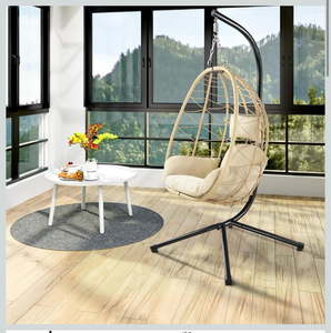 Cream Hanging Egg Chair with Frame Wicker Swing System Indoor Outdoor with Head Cushion and Seat Cushion for Patio Swing - Retail: $150