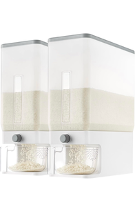 lot 193 image: Lifewit Rice Container 29 Lbs, One-Press Dispenser with Measuring Cup 2 PcsBPA-Free 11.3kg Capacity for Beans, Corn & Other Small Grains, Airtight Food Storage for Kitchen Pantry Organization, Clear set of 2  - Retail $60