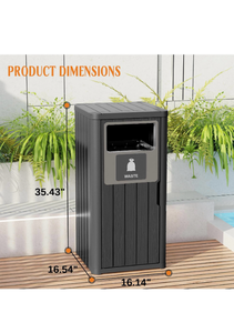 lot 196 image: Outdoor Single Barrel Trash Can, Waterproof Resin Garbage Can with Garbage Labels, Durable Waste Bin for Porch, Backyard,Kitchen, for 30 to 39 Gallon Trash Bags (Black, 16.14 16.54  35.43) - Retail $75