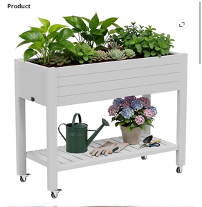 lot 198 image: 33.7 Tall Raised Garden Bed with Wheels, Divisible Resin Planter Box with Drainage Gauge & Storage Shelf, Herb Planter for Garden Patio Backyard, Cool White (33.7 h) - Retail $150