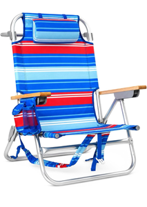 lot 217 image: Backpack Beach Chair for Adults Capacity 300 LBS Low 5 Positionwith Pouch Straps Folding Lightweight Reclining Aluminum Wide Lay Flat Single - Retail $70