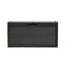 lot 222 image: 42in.Wx17in. D x 21 in. H Outdoor Storage Box, Resin Deck Boxes, Waterproof Storage Box Lockable Lid (Black, 70- 80 Gallon) - Retail $150
