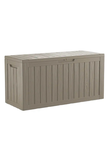 lot 223 image: Deck Box Outdoor Storage Box Waterproof for Patio Furniture,Outdoor Cushions,Garden Tools and Pool Supplies (Grey, 110 Gallon) - Retail $150