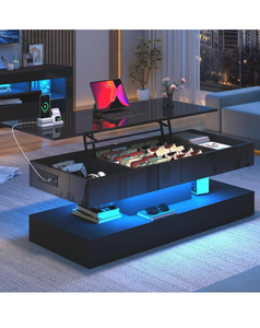 lot 224 image: 47.2 Large Lift Top Coffee Table, Modern High Glossy LED Coffee Tables for Living Room with Storage, Black Living Room Tables for Living Rooms, Dining Room, Bedroom Home Office, APP LED Lights (Black) - Retail $176