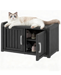 lot 225 image: Outdoor Storage Bench with 2 Barn Doors - Waterproof UV-Resistant Shoe Cabinet for Entryway, Indoor & Outdoor Use, Adjustable Shelves, Easy Assembly (Black, 31.7IN) - Retail $80