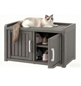 lot 226 image: Outdoor Storage Bench with 2 Barn Doors - Waterproof UV-Resistant Shoe Cabinet for Entryway, Indoor & Outdoor Use, Adjustable Shelves, Easy Assembly (Grey, 31.7IN) - Retail $80