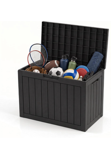 lot 227 image: 50 Gallon Outdoor Storage Box, Resin Deck Box for Patio Cushions, Garden Tools & Pool Accessories, Waterproof Lockable Storage Container, Weather Resistant Patio Storage Chest, Black - Retail $60