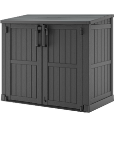 lot 252 image: 36 Cu Ft Resin Outdoor Storage Shed, Weatherproof Horizontal Outdoor Storage Cabinet with Dual Lock Door for Backyard, Patio, Garage, Garden (Black) - Retail $240