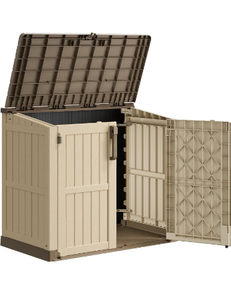 lot 253 image: Plastic Outdoor Storage Shed, 36 Cu Ft Waterproof Outdoor Storage Cabinet with Dual Lock Door for Backyard, Patio, Garage, Garden to Store Tools & Accessories, Wood-Grain (Brown-Beige) - Retail $240