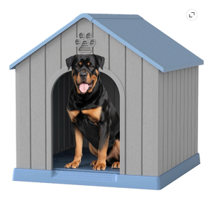 lot 262 image: Dog House for Medium Large Dogs, Durable PP Waterproof Outdoor & Indoor Dog Shelter with Air Vents, Elevated Floor, Easy Clean and Assemble, Blue& grey - Retail $135