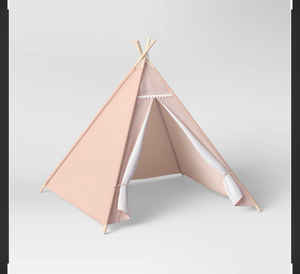 lot 290 image: Childrens Teepee Tent Pink and White with Wooden Poles - Retail $50