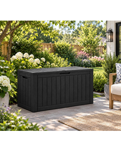 lot 312 image: Outdoor Storage Box Waterproof, 150 Gallon Deck Box For Patio StorageStriped Black Resin Outside Storage Box with Hydraulic Rod, Lockable Storage Bin for Patio Cushion, Garden Tool, Pool Supply - Retail $135