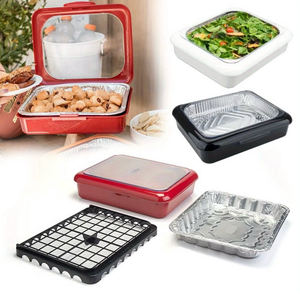 lot 314 image: Stackable Portable Food Storage & Foil Pan Carrier Set  2-in-1Organizer with Lid for Picnics, BBQs, Parties  Durable Plastic & Aluminum Tray Holder  BPA-Free, Dishwasher Safe Food Containers - Retail $44