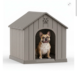 lot 326 image: Medium Small Dog House, Resin Faux Wood Dog Shelter for Outdoor & Indoor, Light grey - Retail $65