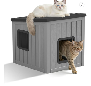 lot 328 image: Outdoor & Indoor Condo-Style 1-Level Waterproof, Insulated Cat Shelter for Cats & Small Dogs, GrayBlack - Retail $69