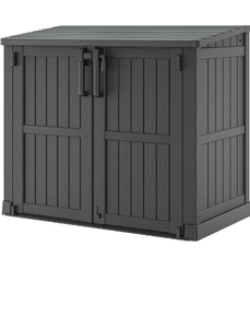 lot 330 image: 36 Cu Ft Resin Outdoor Storage Shed, Weatherproof Horizontal Outdoor Storage Cabinet with Dual Lock Door for Backyard, Patio, Garage, Garden (Black) - Retail $240