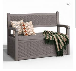 lot 332 image: 80 Gallon Outdoor Storage Bench, Resin Deck Box with Armrests, Lockable Waterproof Patio Storage for Cushions, Garden Tools, Pool Supplies, Grey - Retail $175