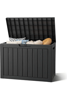 lot 339 image: Waterproof Outdoor Storage Box, Resin Patio Bin,50 Gal,Black50 Gallon Waterproof Outdside Deck Box ,Outside Tool and Pool-Supplies Container,Lockable Package Delivery Box - Retail $60