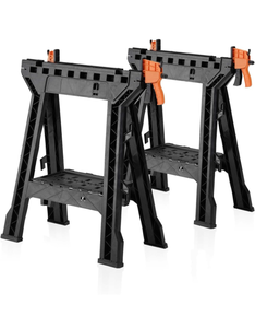 lot 358 image: Saw Horses 2 Pack-Folding Heavy Duty Clamping Sawhorse 1000 LBS Load Capacity, Workhorse with Bar Clamps, Built-in Tool Tray and Cord Hooks - Retail $69