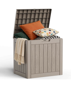 lot 362 image: 30-35 Gallon Outdoor Deck Box Lockable Waterproof Storage Black Heavy-duty resin container for indoor and outside use. Patio cushions, garden equipment, pool accessories, outdoor tools - Retail $0