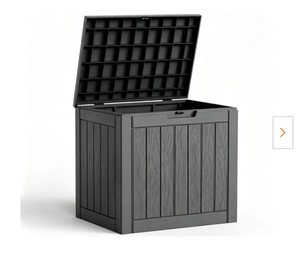 lot 364 image: 30- 35 Gallon Outdoor Deck Box Lockable Waterproof Storage Black Heavy-duty resin container for indoor and outside use. Patio cushions, garden equipment, pool accessories, outdoor tools - Retail $65
