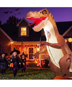 lot 374 image: Minetom Inflatable Dinosaur Costume Adult, LED T Rex Costume Halloween2 Modes Led Light  Fast Inflation with Powerful Fan  Durable Waterproof Material   Easy to Use  Fit for Various Events  - Retail $50