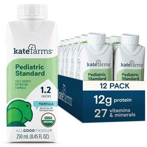 lot 392 image: Kate Farms Organic Vegan Vanilla Pediatric 1.2 Sole-Source Nutrition Shake  12g protein  27 Vitamins and Minerals  Meal Replacement Drink  8.45 fl oz (Pack of 12) - Retail $60