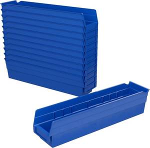 lot 2415 image: Akro-Mils 30128 Heavy Duty Plastic Shelf Bins, 18x 4x 4, Blue, 12-Pack