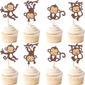 lot 2445 image: 24Pcs Glitter Brown Monkey Cupcake Toppers - Cupcake Picks for Baby Shower