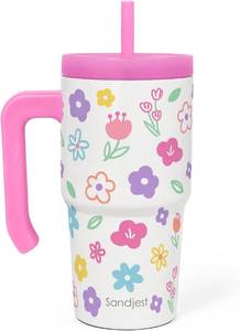 lot 2476 image: SANDJEST Floral Tumbler 20oz with Handle & Silicone Straw Lid, Insulated