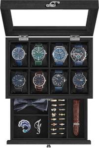 lot 2502 image: SONGMICS 8-Slot Wooden Watch Box, Display Case with Large Glass Lid