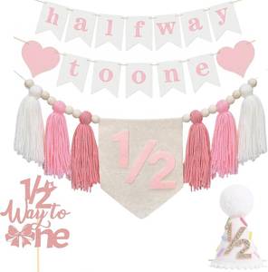 lot 2557 image: 12 Birthday Girl Half Birthday High Chair Banner, Cone Hat, Topper